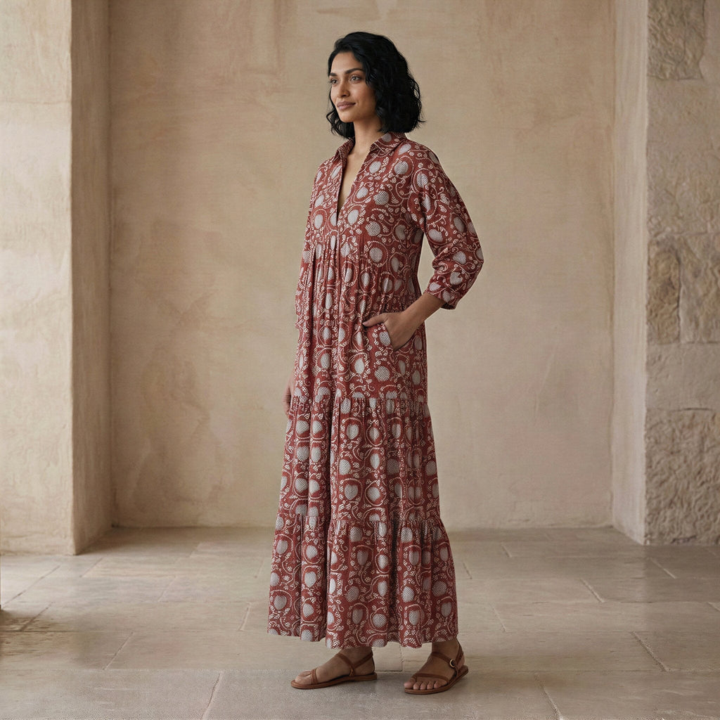 Red Floral Block Print Cotton Deep-V Maxi Tier Dress