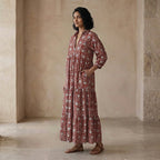 Red Floral Block Print Cotton Deep-V Maxi Tier Dress