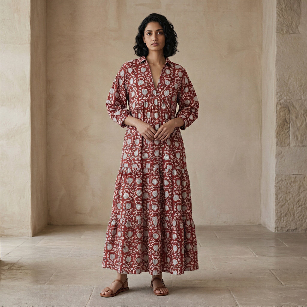 Red Floral Block Print Cotton Deep-V Maxi Tier Dress