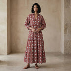 Red Floral Block Print Cotton Deep-V Maxi Tier Dress