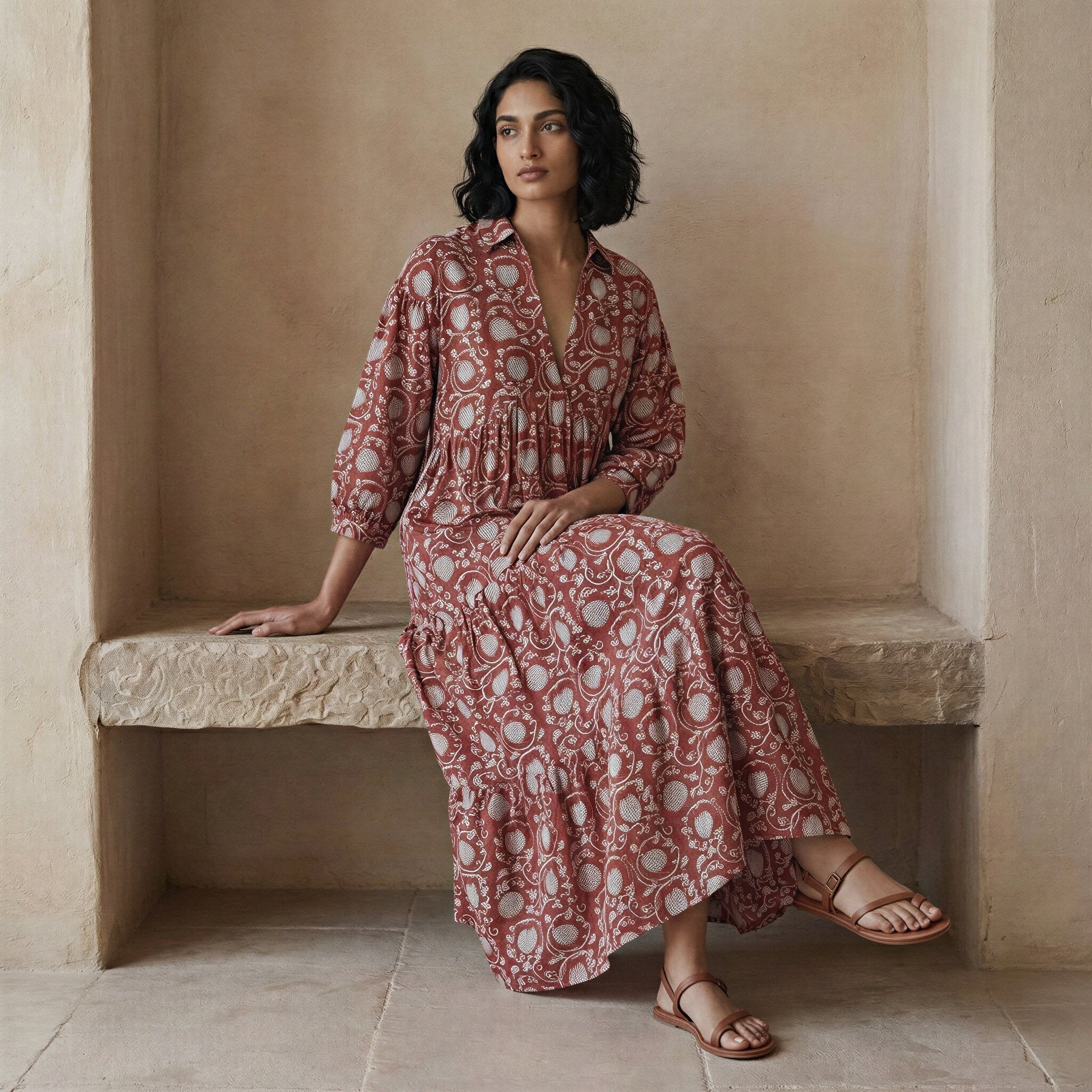 Red Floral Block Print Cotton Deep-V Maxi Tier Dress