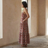 Red Floral Block Print Cotton Drop-Waist Camisole Maxi Tier Dress