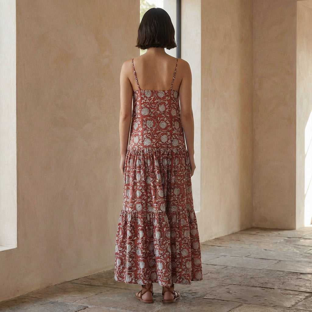 Red Floral Block Print Cotton Drop-Waist Camisole Maxi Tier Dress