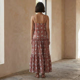 Red Floral Block Print Cotton Drop-Waist Camisole Maxi Tier Dress