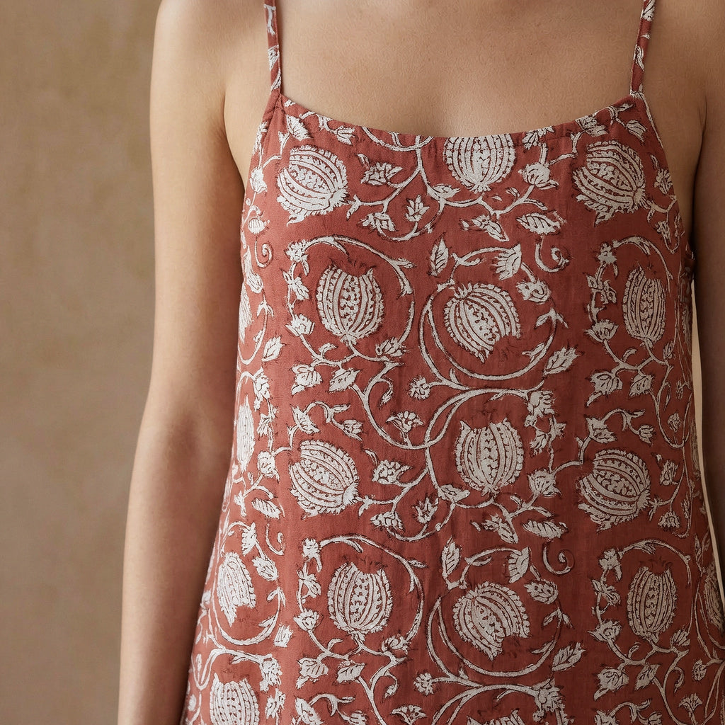 Red Floral Block Print Cotton Drop-Waist Camisole Maxi Tier Dress