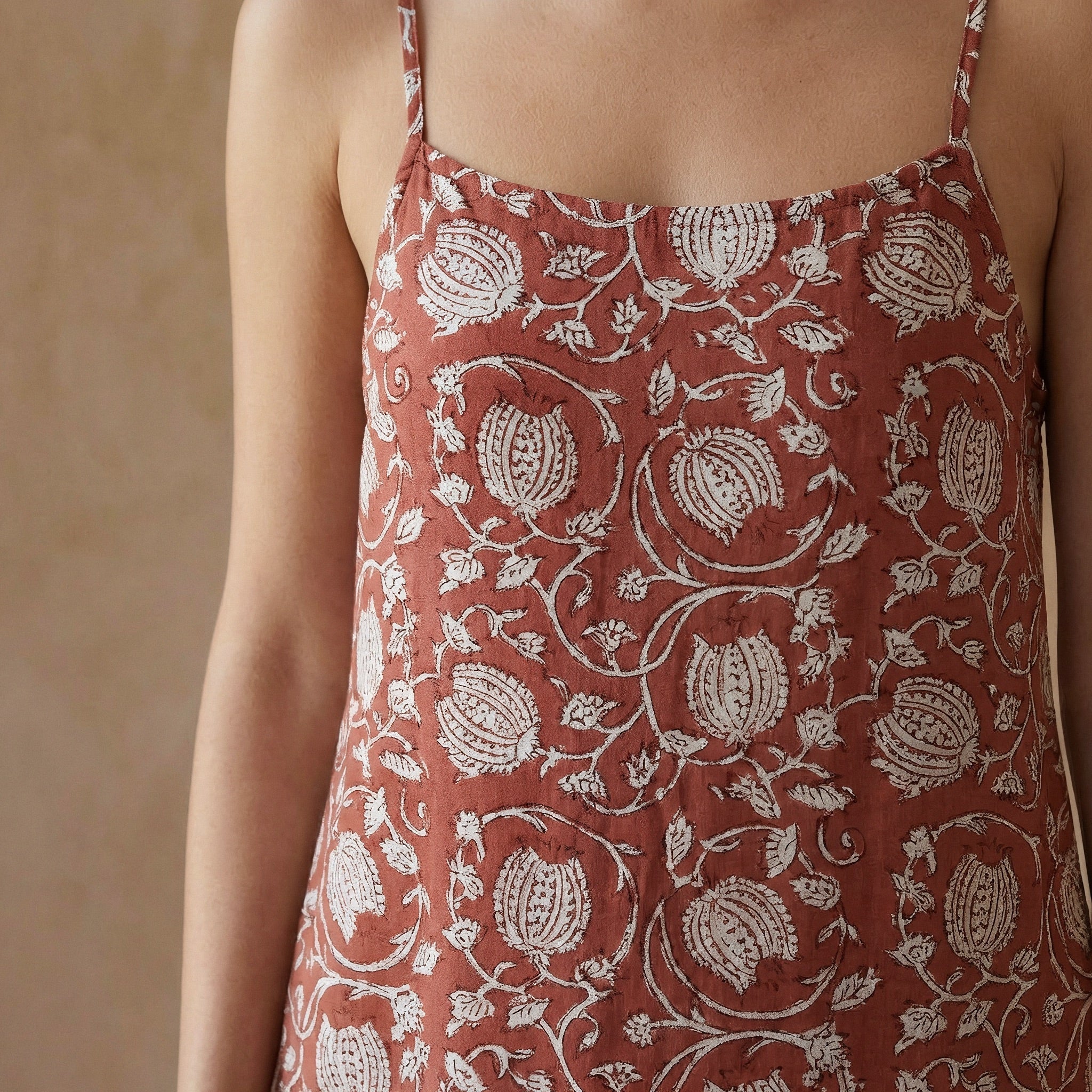 Red Floral Block Print Cotton Drop-Waist Camisole Maxi Tier Dress