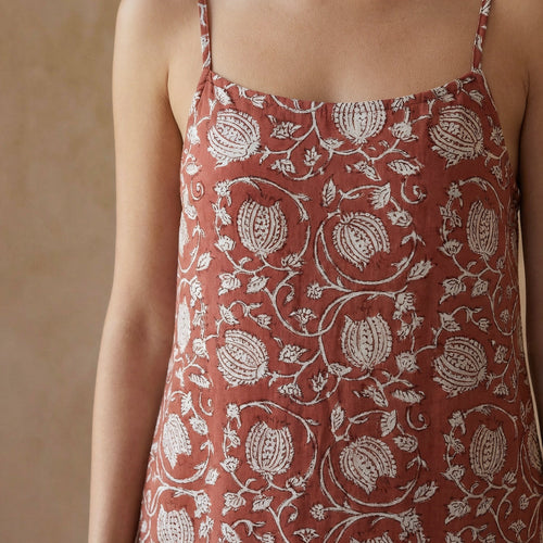 Red Floral Block Print Cotton Drop-Waist Camisole Maxi Tier Dress