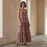 Red Floral Block Print Cotton Drop-Waist Camisole Maxi Tier Dress