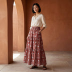 Red Floral Block Print Cotton Elasticated Maxi Tier Skirt