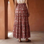 Red Floral Block Print Cotton Elasticated Maxi Tier Skirt