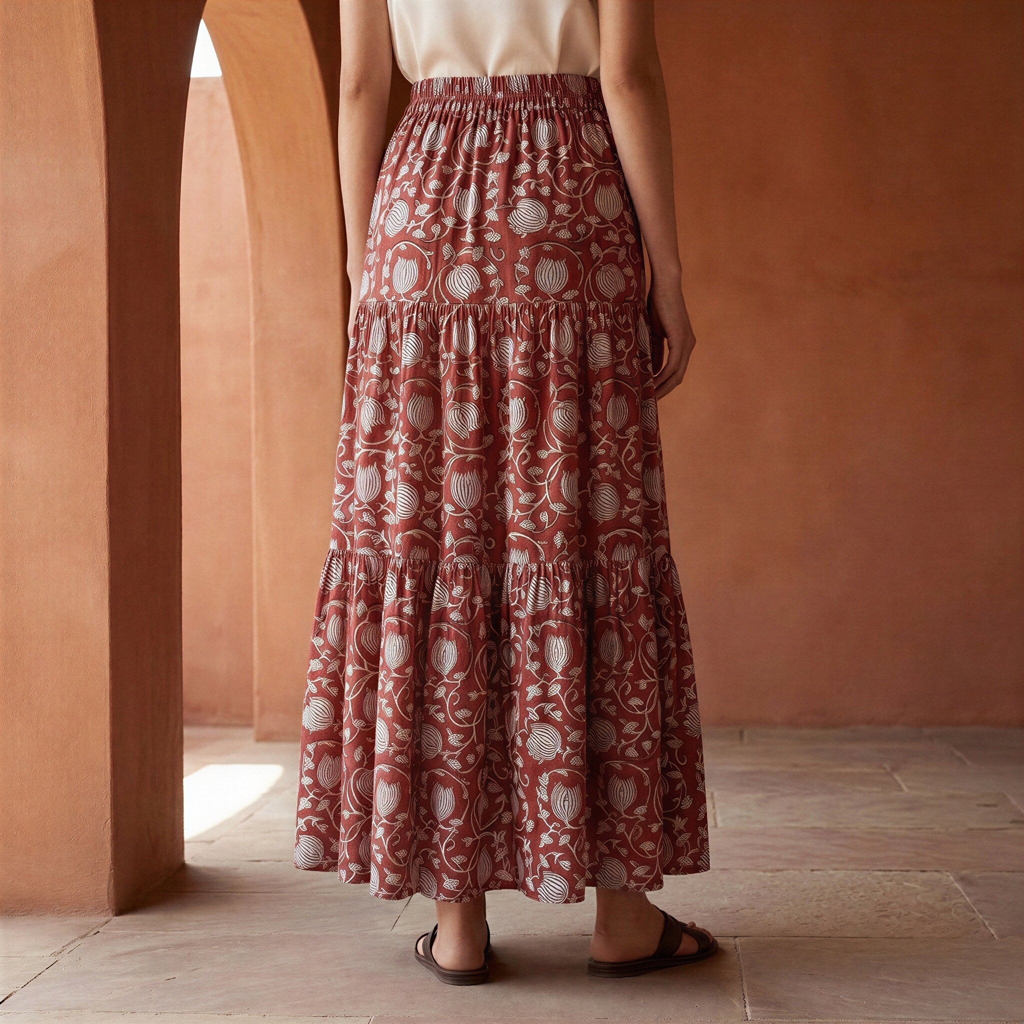Red Floral Block Print Cotton Elasticated Maxi Tier Skirt