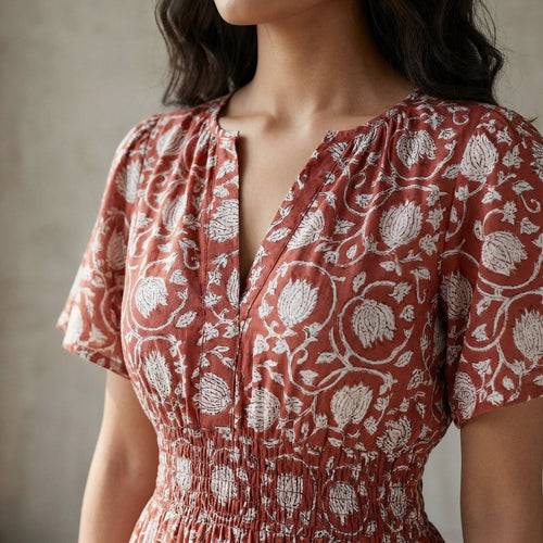 Red Floral Block Print Cotton Elasticated Short Tier Dress