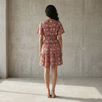 Red Floral Block Print Cotton Elasticated Short Tier Dress