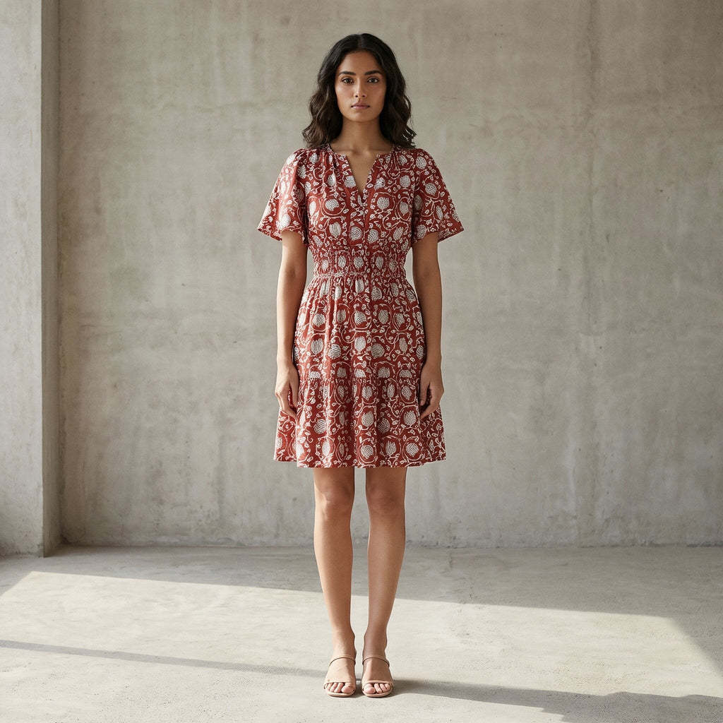 Red Floral Block Print Cotton Elasticated Short Tier Dress