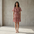 Red Floral Block Print Cotton Elasticated Short Tier Dress