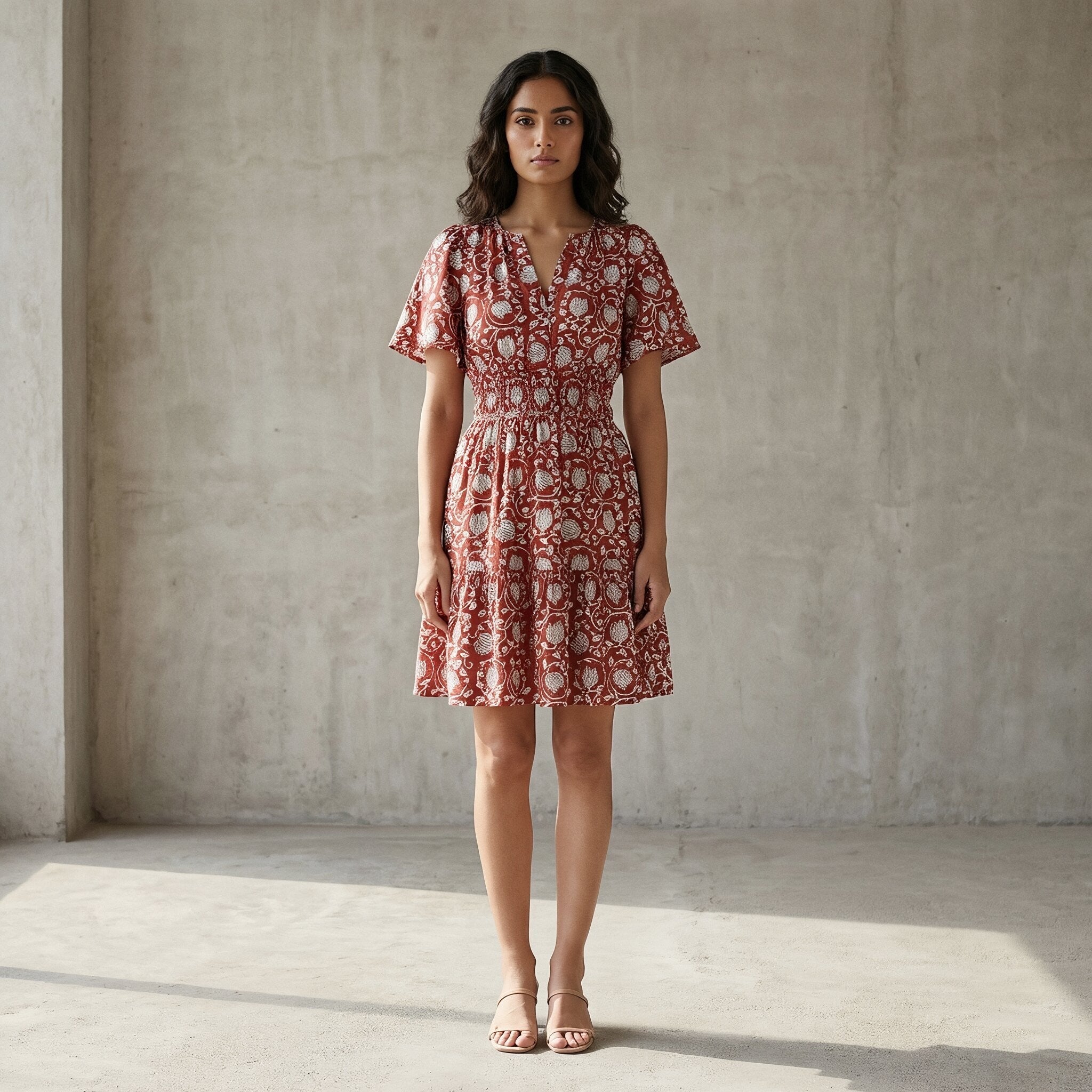 Red Floral Block Print Cotton Elasticated Short Tier Dress