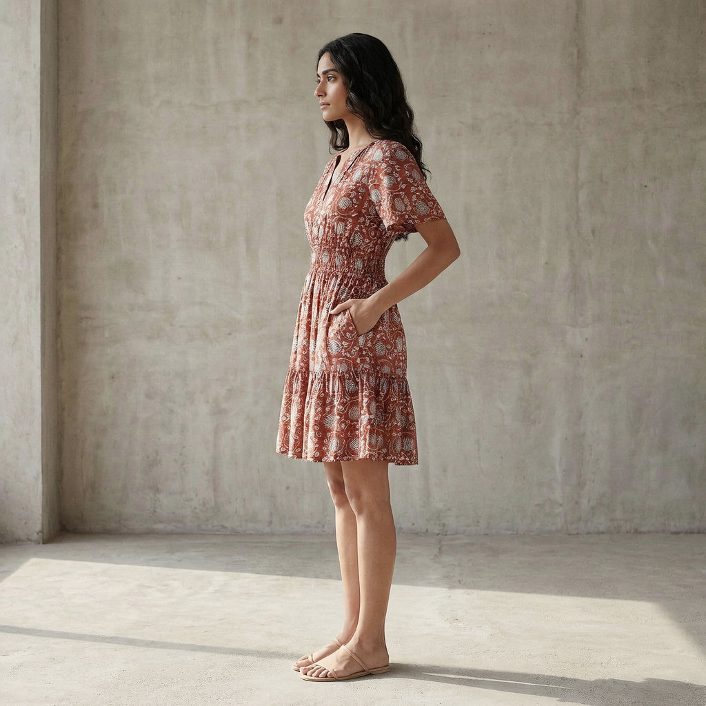 Red Floral Block Print Cotton Elasticated Short Tier Dress