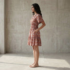 Red Floral Block Print Cotton Elasticated Short Tier Dress
