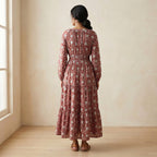 Red Floral Block Print Cotton Fit and Flare Maxi Tier Dress