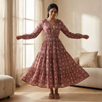 Red Floral Block Print Cotton Fit and Flare Maxi Tier Dress