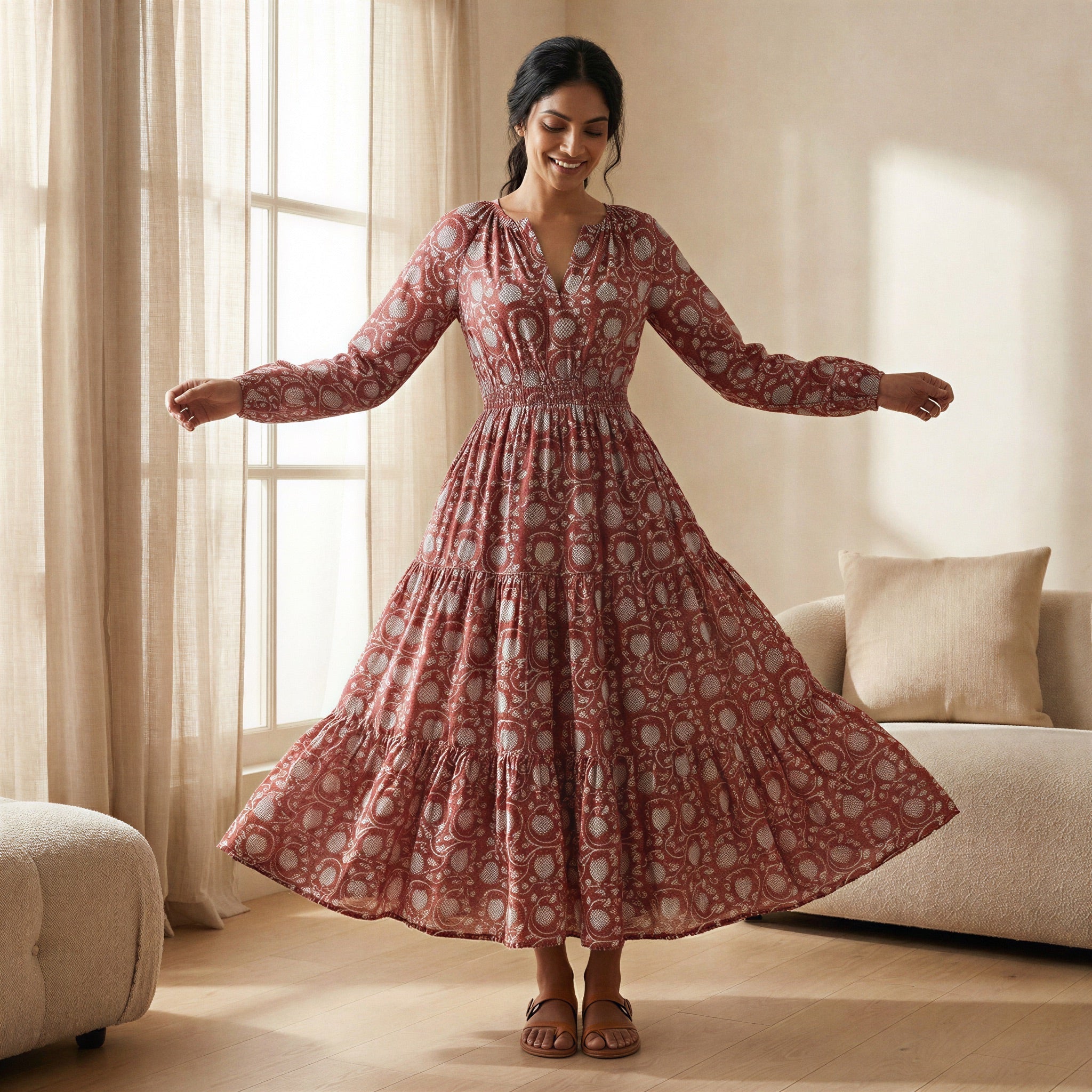 Red Floral Block Print Cotton Fit and Flare Maxi Tier Dress