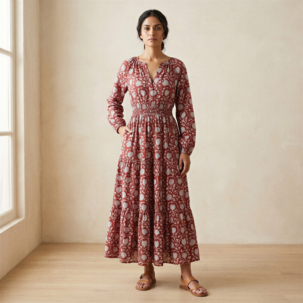 Red Floral Block Print Cotton Fit and Flare Maxi Tier Dress
