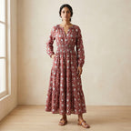 Red Floral Block Print Cotton Fit and Flare Maxi Tier Dress