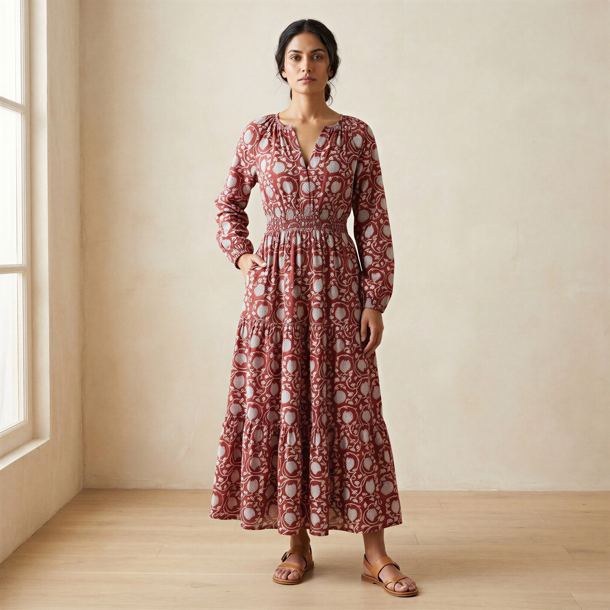 Red Floral Block Print Cotton Fit and Flare Maxi Tier Dress