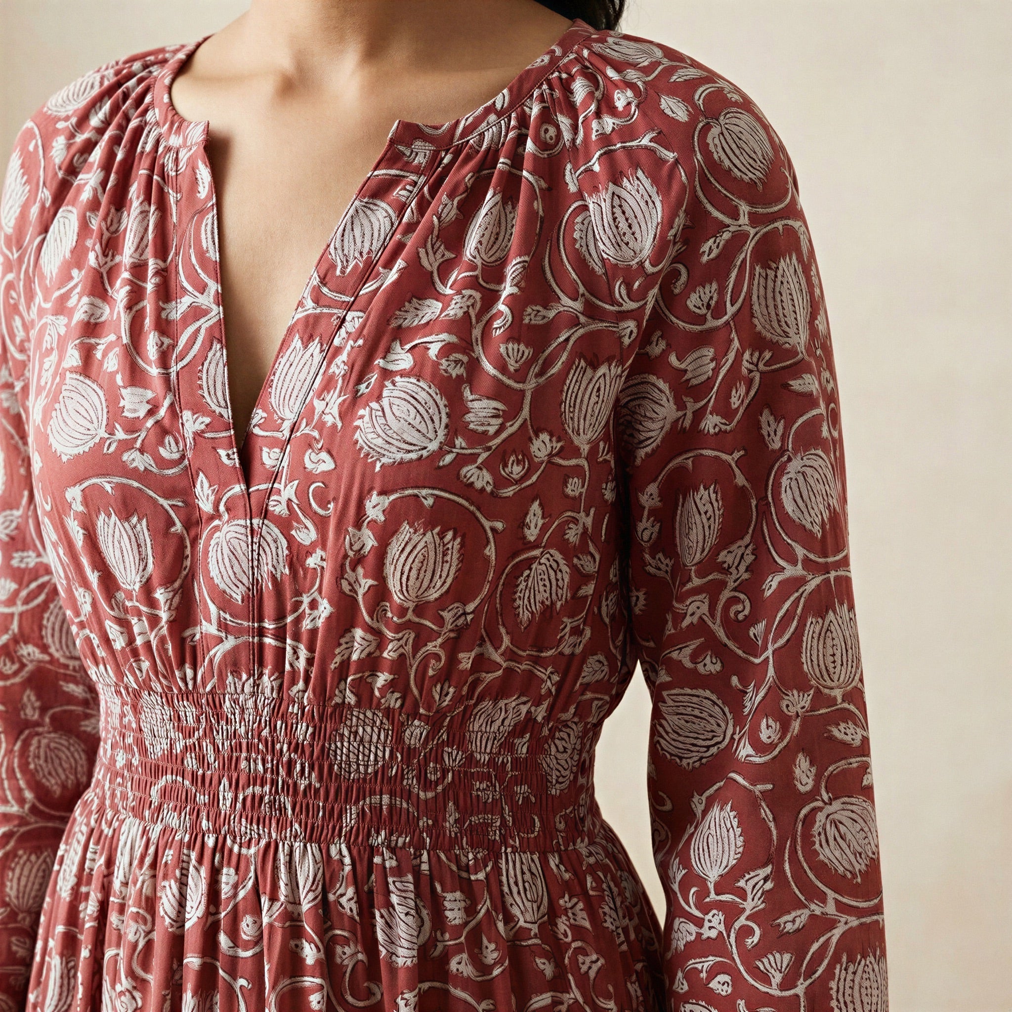 Red Floral Block Print Cotton Fit and Flare Maxi Tier Dress