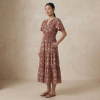 Red Floral Block Print Cotton Flutter Sleeve Tie-Back Tiered Midi Dress