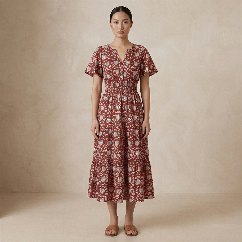 Red Floral Block Print Cotton Flutter Sleeve Tie-Back Tiered Midi Dress