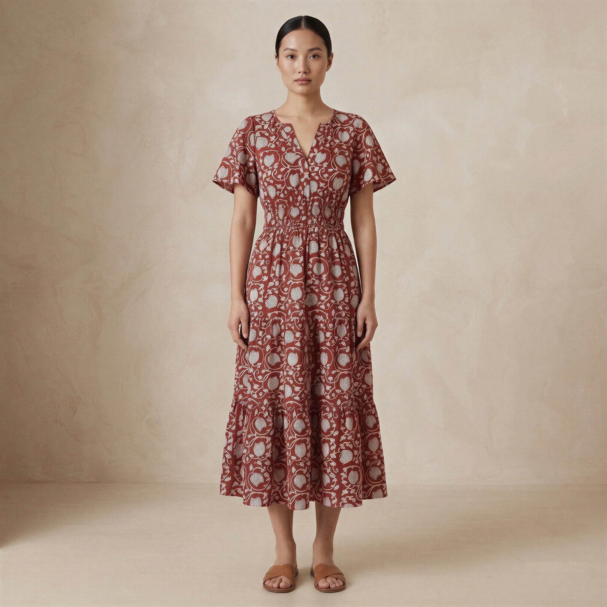 Red Floral Block Print Cotton Flutter Sleeve Tie-Back Tiered Midi Dress