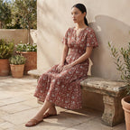 Red Floral Block Print Cotton Flutter Sleeve Tie-Back Tiered Midi Dress
