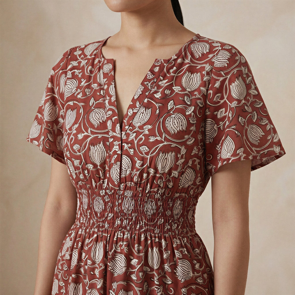 Red Floral Block Print Cotton Flutter Sleeve Tie-Back Tiered Midi Dress