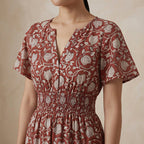 Red Floral Block Print Cotton Flutter Sleeve Tie-Back Tiered Midi Dress