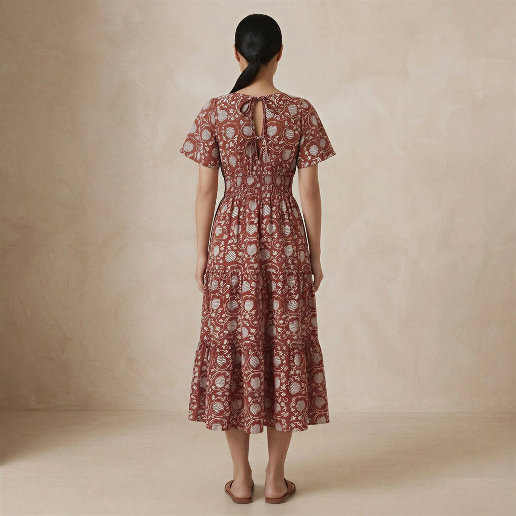 Red Floral Block Print Cotton Flutter Sleeve Tie-Back Tiered Midi Dress