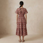 Red Floral Block Print Cotton Flutter Sleeve Tie-Back Tiered Midi Dress