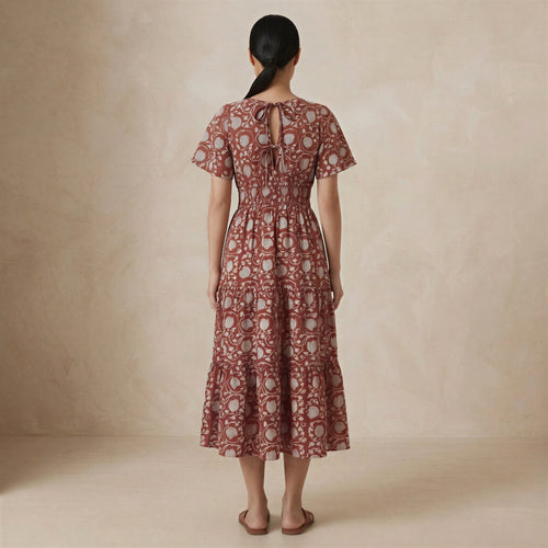 Red Floral Block Print Cotton Flutter Sleeve Tie-Back Tiered Midi Dress