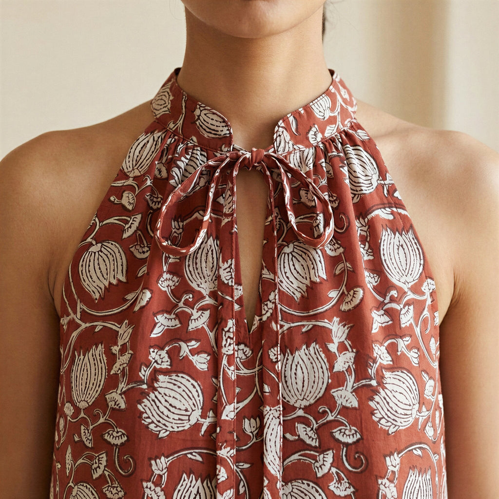 Red Floral Block Print Cotton Halter-Neck Sleeveless Midi Tier Dress