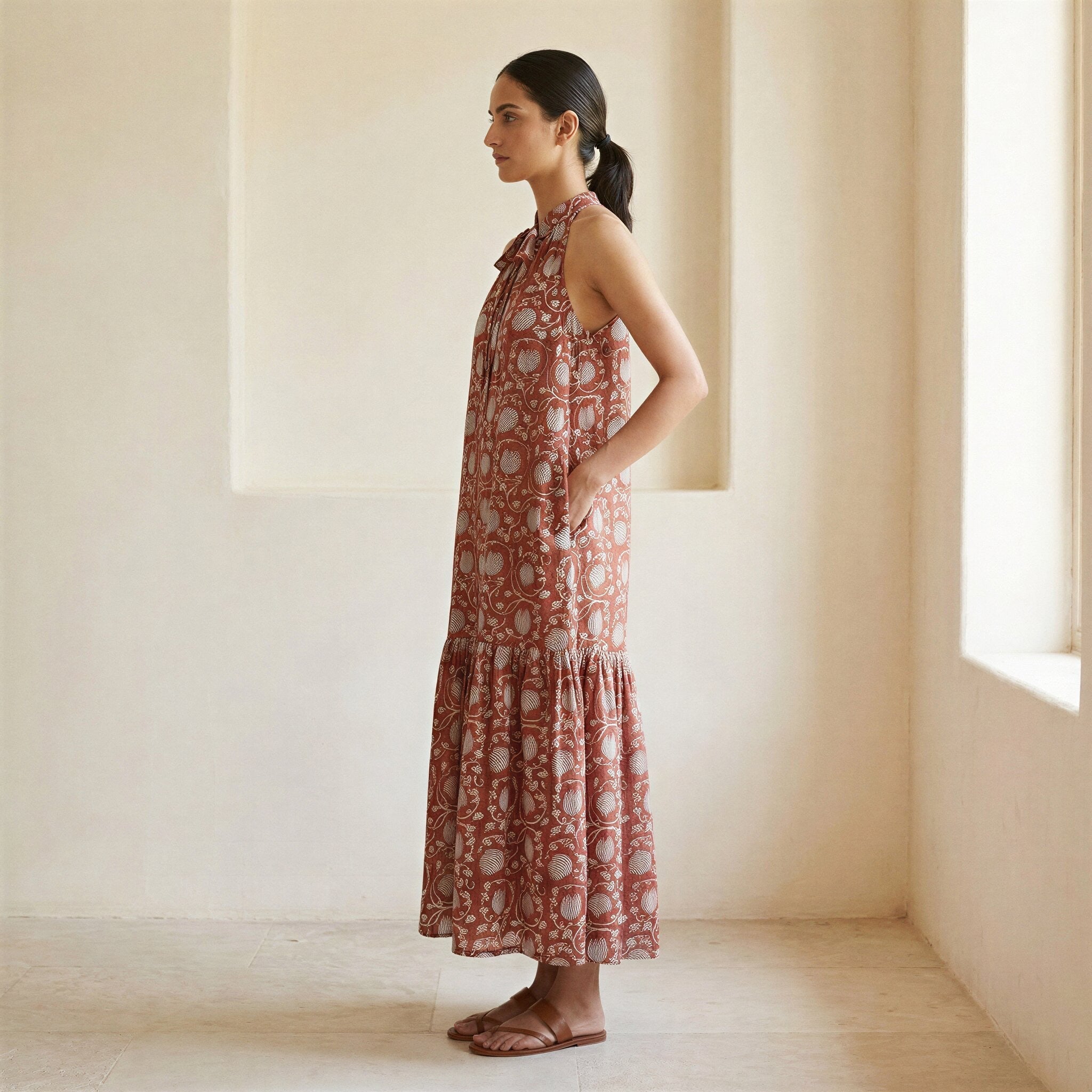 Red Floral Block Print Cotton Halter-Neck Sleeveless Midi Tier Dress