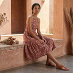 Red Floral Block Print Cotton Halter Neck Tier Midi Dress