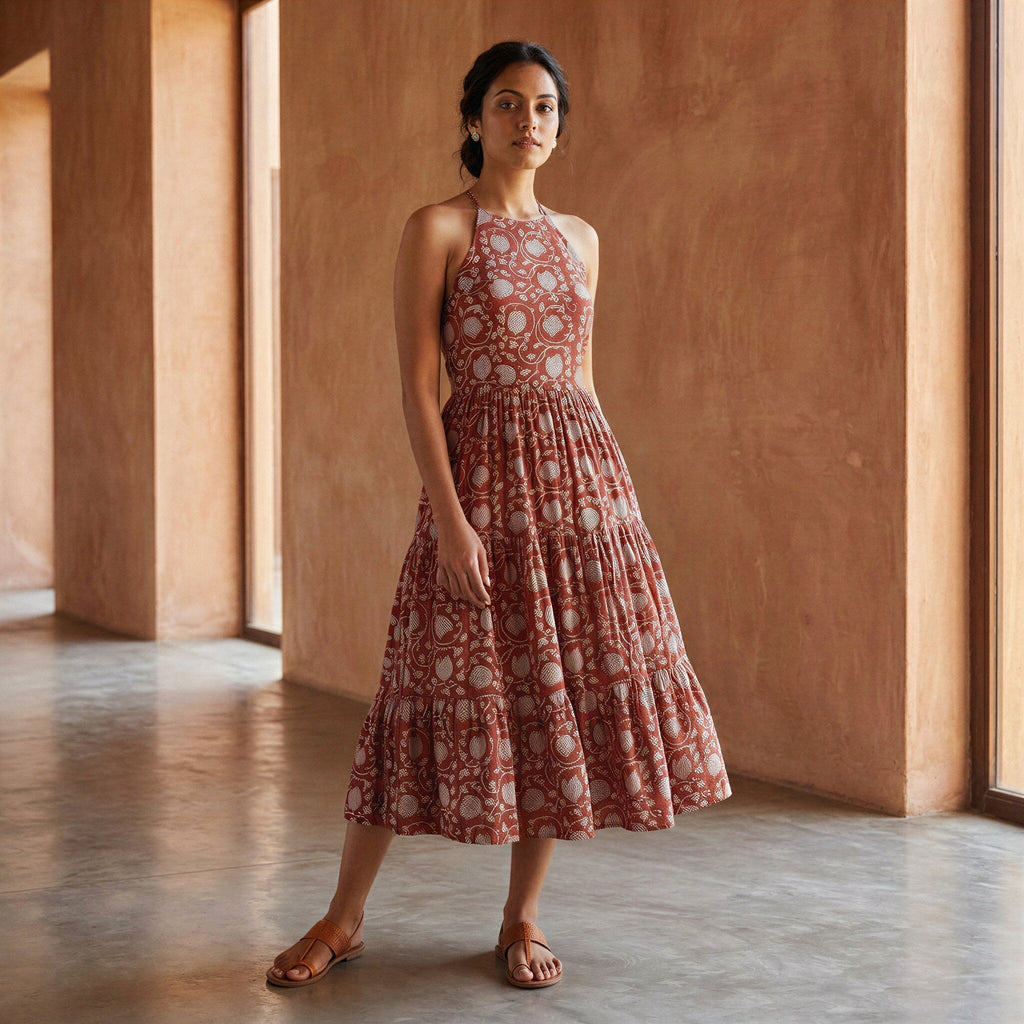 Red Floral Block Print Cotton Halter Neck Tier Midi Dress
