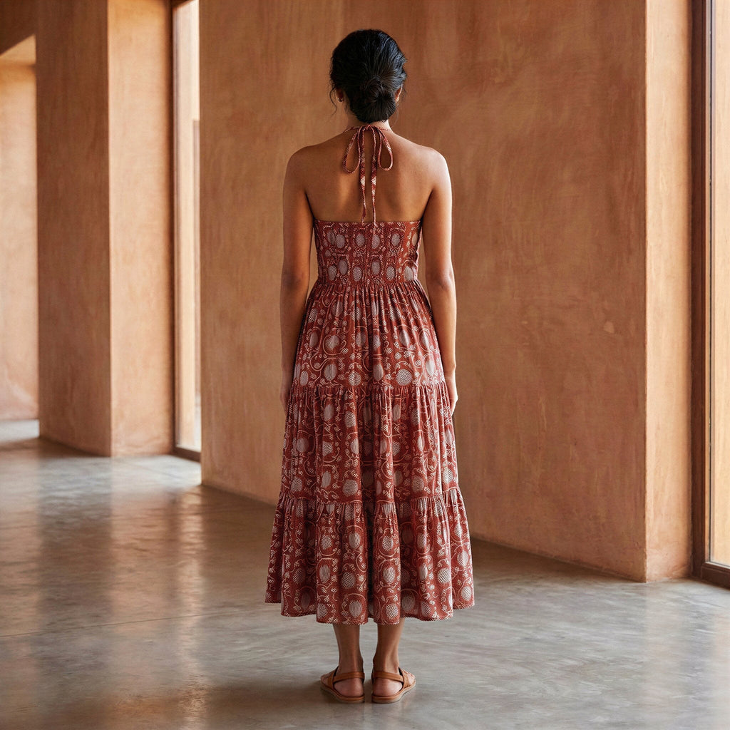 Red Floral Block Print Cotton Halter Neck Tier Midi Dress