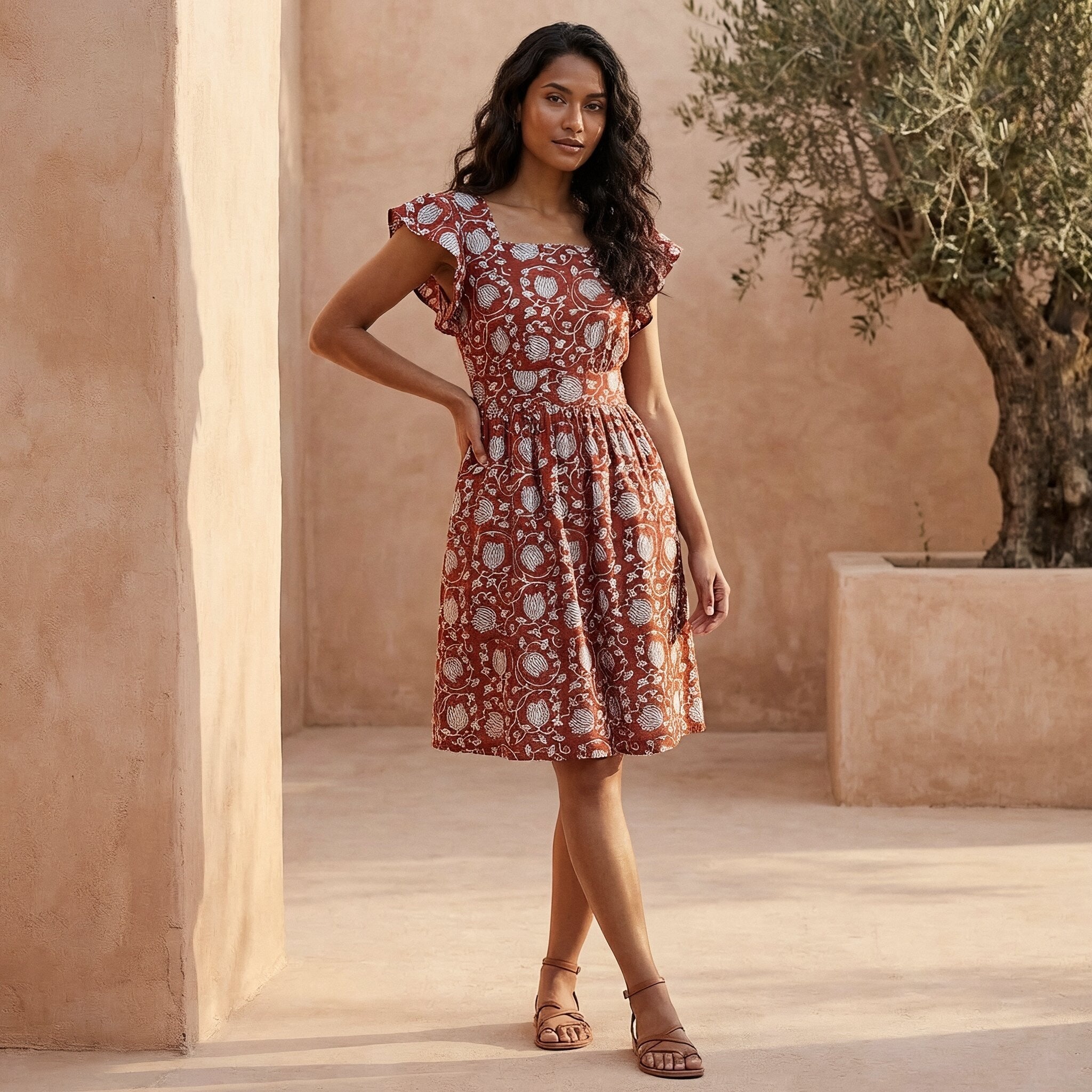 Red Floral Block Print Cotton Open-Back Fit and Flare Knee Length Dress