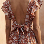 Red Floral Block Print Cotton Open-Back Fit and Flare Knee Length Dress