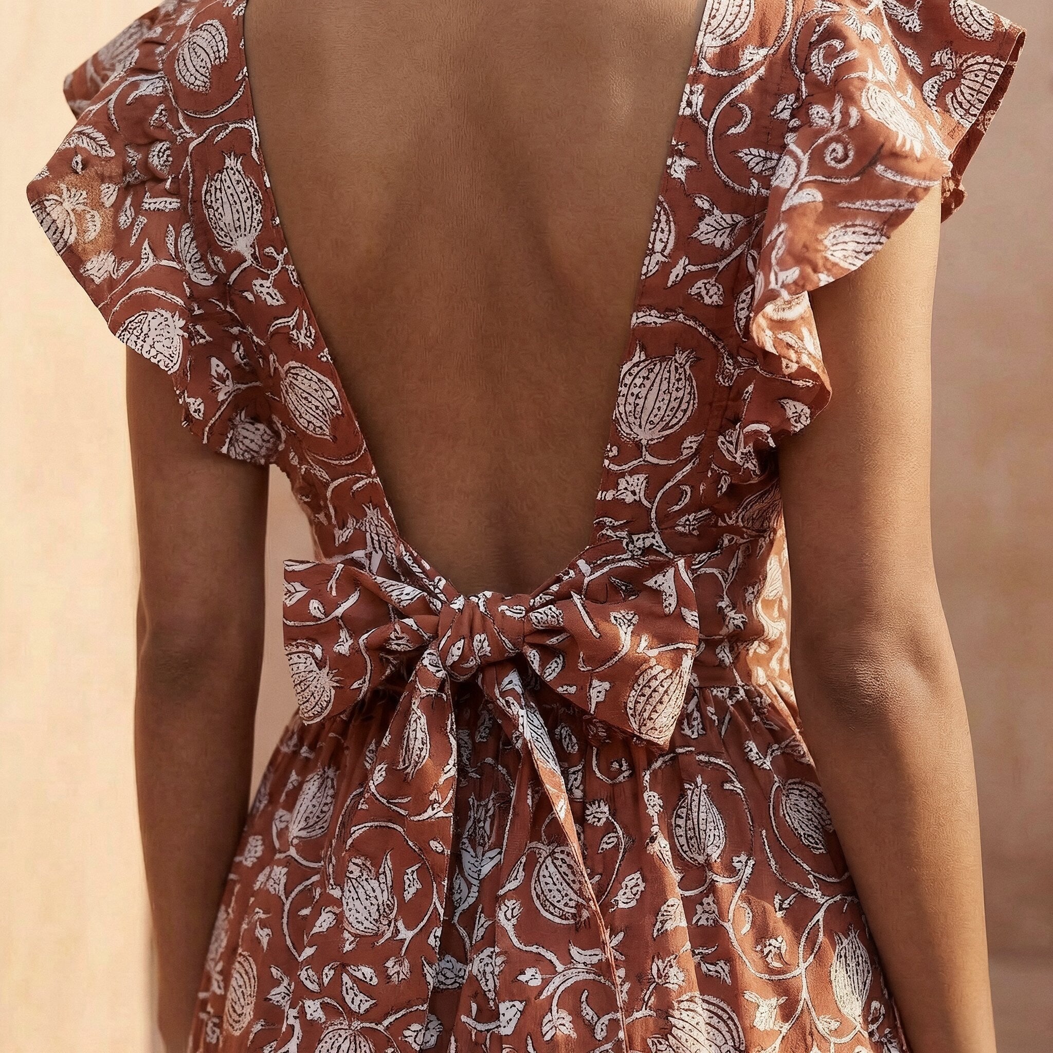 Red Floral Block Print Cotton Open-Back Fit and Flare Knee Length Dress
