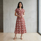 Red Floral Block Print Cotton Paneled A-Line Midi Dress