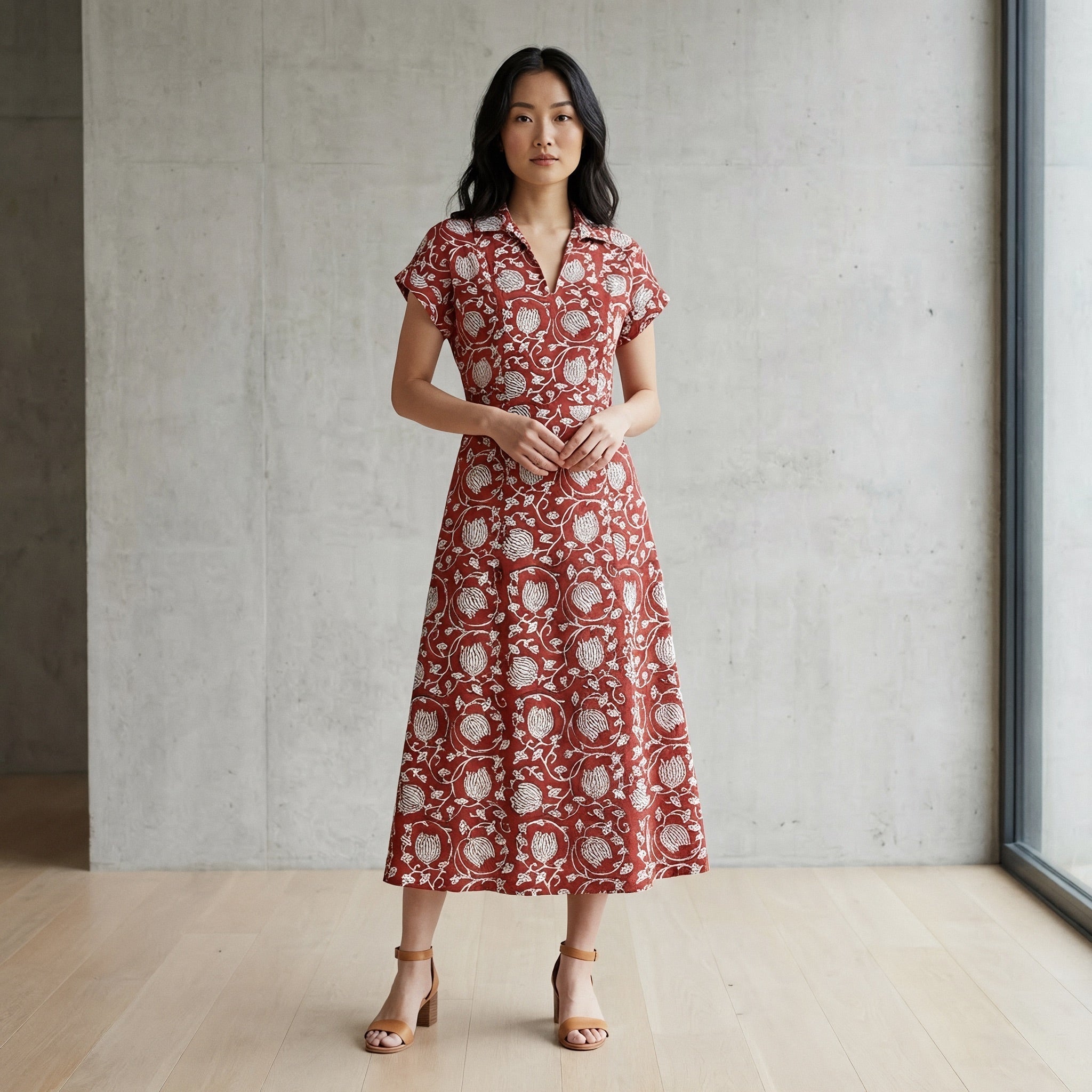 Red Floral Block Print Cotton Paneled A-Line Midi Dress