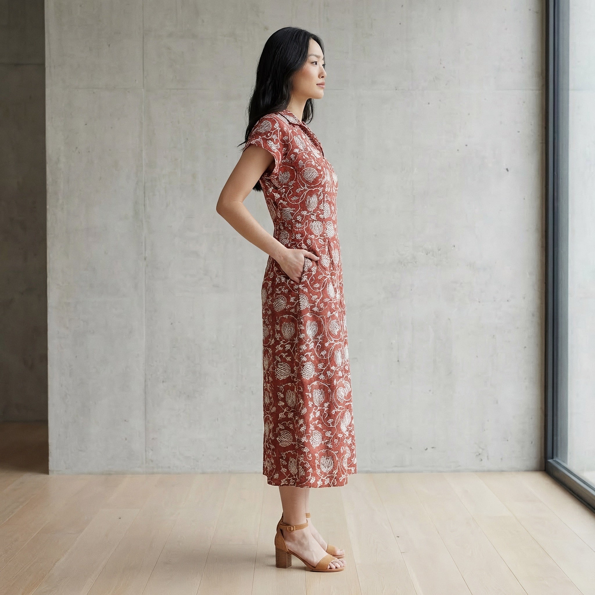 Red Floral Block Print Cotton Paneled A-Line Midi Dress