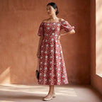 Red Floral Block Print Cotton Puff Sleeves Off-Shoulder Midi Dress